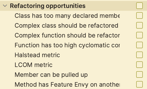 jakub_tobiasz's tweet photo. I was looking for a tool for measuring metrics like LCOM in PHP. And... I've found @PhpStorm has a built-in list of "Refactoring opportunities" inspections which are turned-off by default :0.

If you want to turn them on, go to the Settings >Editor > Inspections. https://t.co/vWZOq3wgjn
