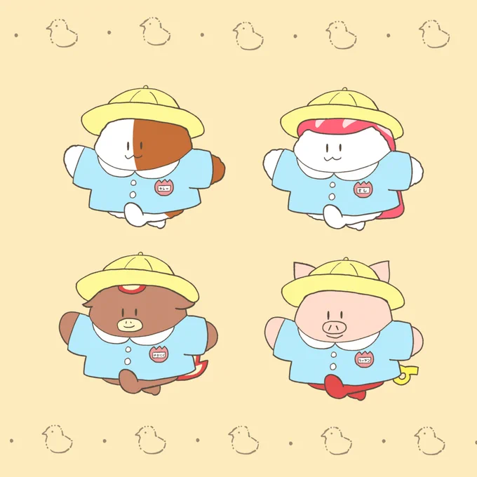 まんプクさん()に3日前に投稿した絵  幼稚園の記念日だったのでみんなを園児にしました 名札にちゃんとお名前を書いたのがポイント ラーメンの帽子は耳用の穴があいてる特注品です
