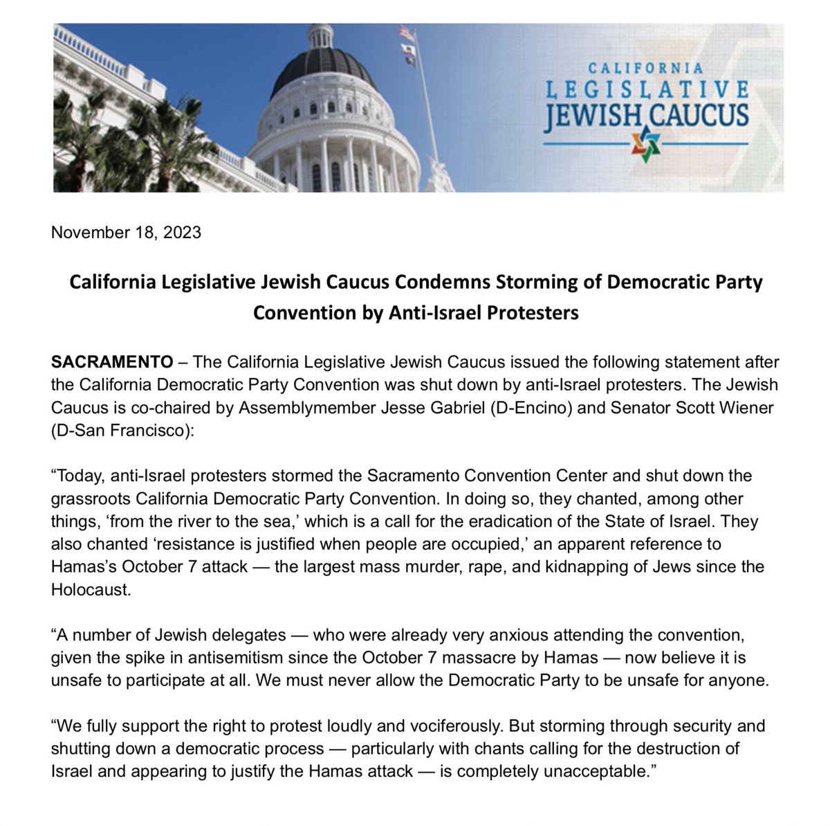 CAJewishCaucus's tweet image. The Jewish Caucus released the following statement: