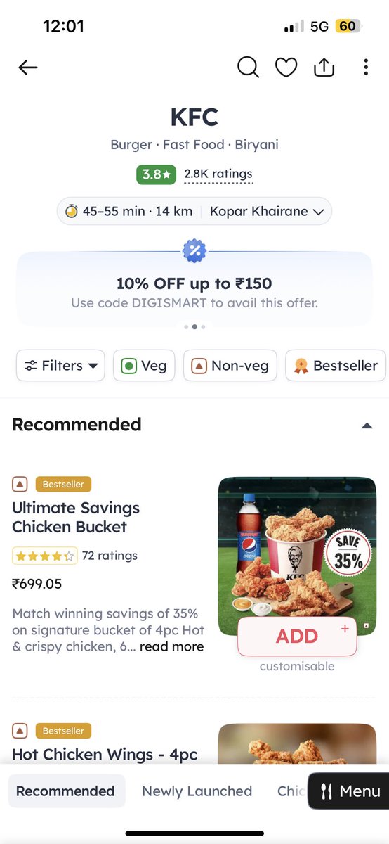 sujoystar's tweet photo. @zomatocare guess you didn’t get time to read the complaint DM. One example of the issue in the screenshot below.Nearby KFC is not delivering to my address, but outlet 14km away delivering.Whereas my next building within same housing campus is getting delivery from nearby outlet. https://t.co/3OyRTJpUVe
