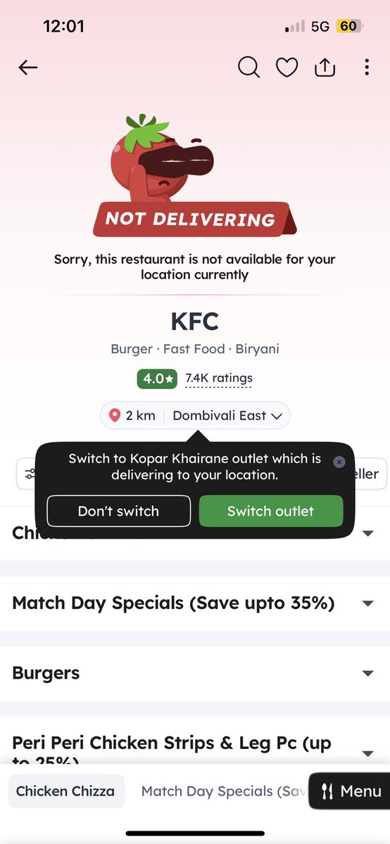 sujoystar's tweet photo. @zomatocare guess you didn’t get time to read the complaint DM. One example of the issue in the screenshot below.Nearby KFC is not delivering to my address, but outlet 14km away delivering.Whereas my next building within same housing campus is getting delivery from nearby outlet. https://t.co/3OyRTJpUVe