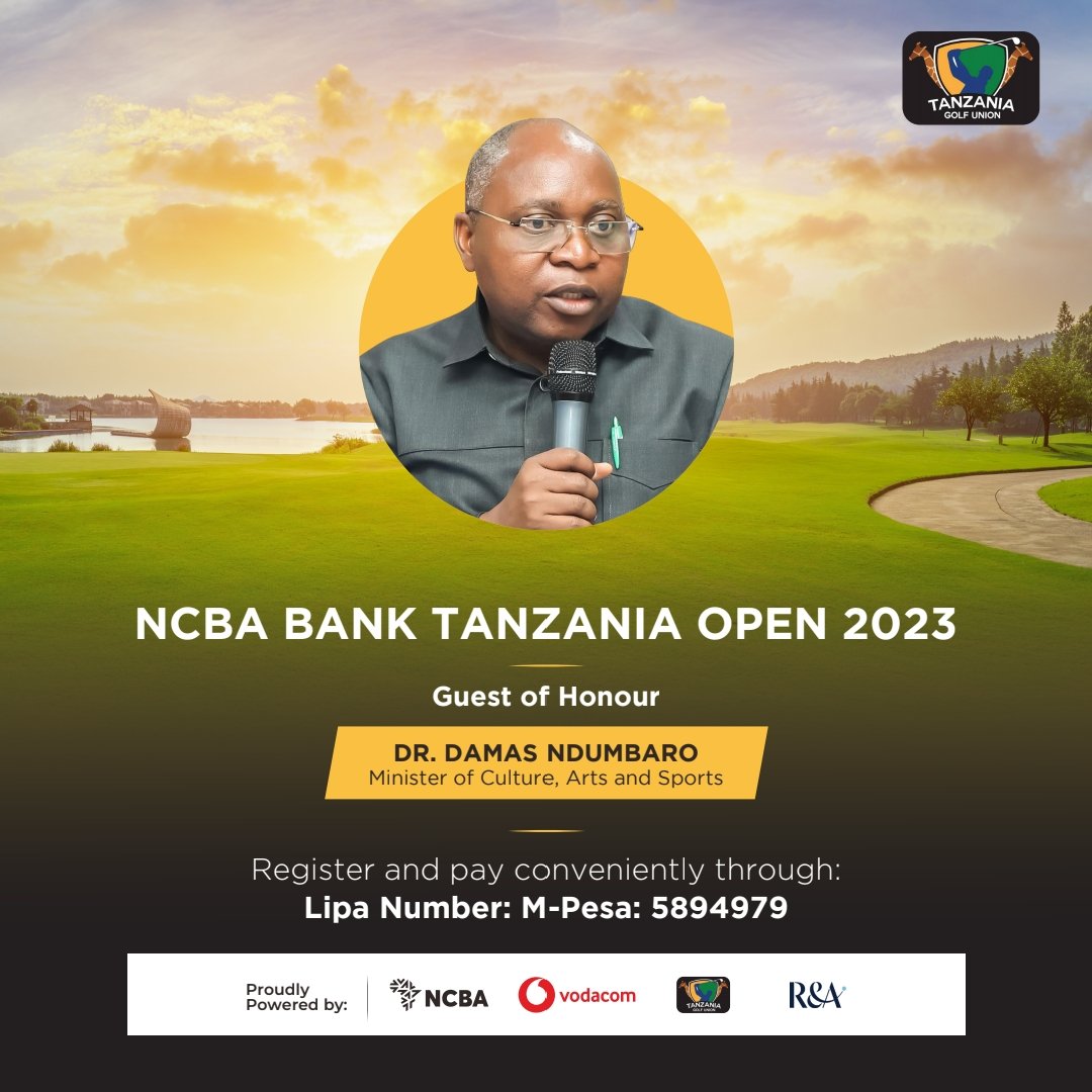 We are honored to be graced by Dr. Damas Ndumbaro. Minister ot Culture, Arts and Spots at this year's NCBA Bank Tanzania Open 2023. Register now for your shot at golf history via the link below and on our Bio! golfpad.events/event/PWTU5/re… #TGU #golf #NCBAGolfOpen2023