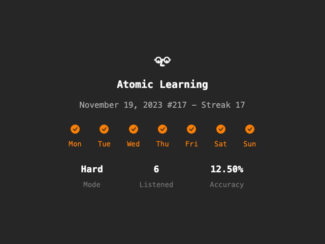 charles830918's tweet photo. Too hard 😅

Atomic Learning #217 - Streak 17
Hard🔥/6 Listened/12.50% Accuracy
https://t.co/UCVIkartnJ
@atomiclearning_ #AtomicLearning #langtwt https://t.co/ls79a1I7kA
