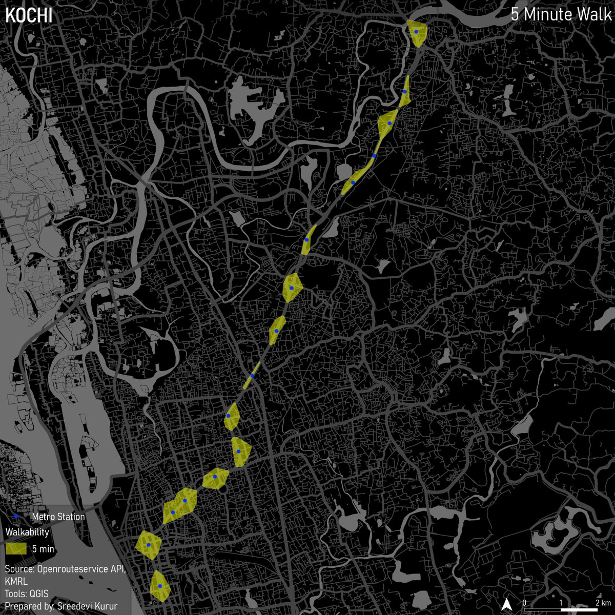 Carto_graphing's tweet photo. A map prepared in less than 5mins which shows how far you can walk in 5mins from the Kochi Metro stations. Cheated by using a layout which I had previously made. 
Data Source: KMRL, OpenRouteServices; Tools: QGIS
Day 19: 5-minute map for the #30DayMapChallenge https://t.co/seNwK10qTn