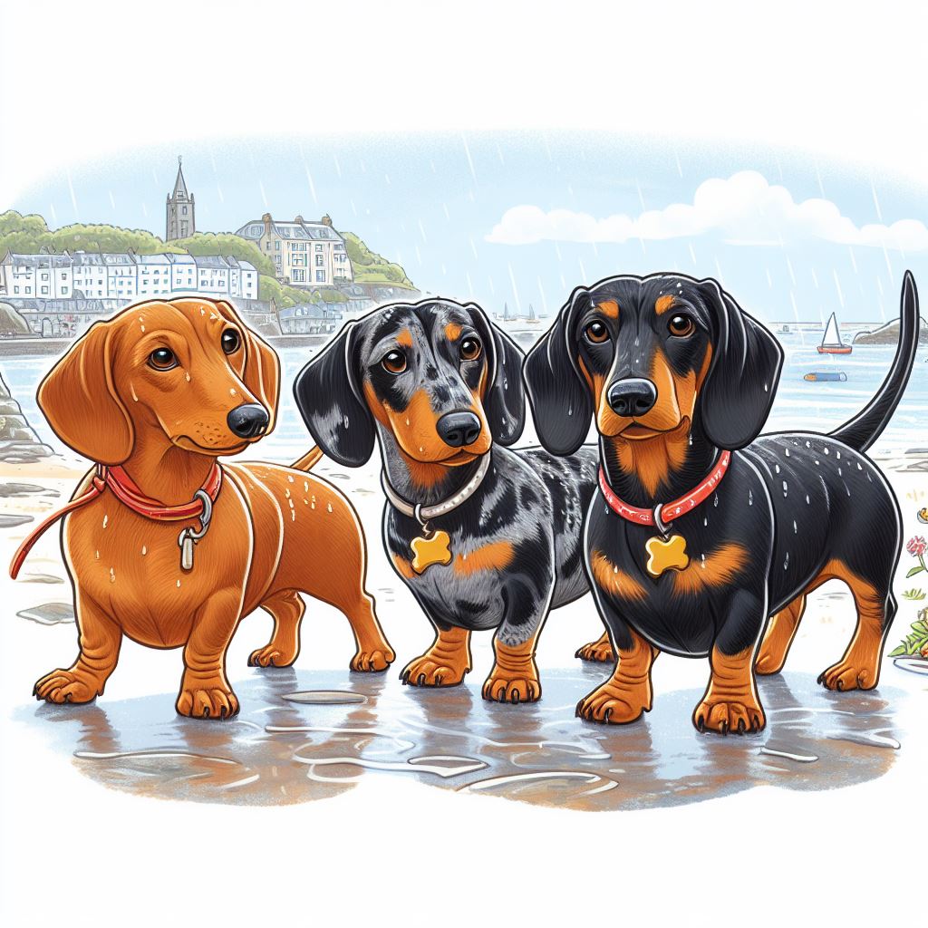 Mothership said this is what #AI thinks we look like when we go out for a #walk in the #rain in #cornwall but then she said it is highly inaccurate, as we never look this cheerful when we go! Hmmm, must be time to poo indoors for her, after that rude comment. Bob. #dachshund