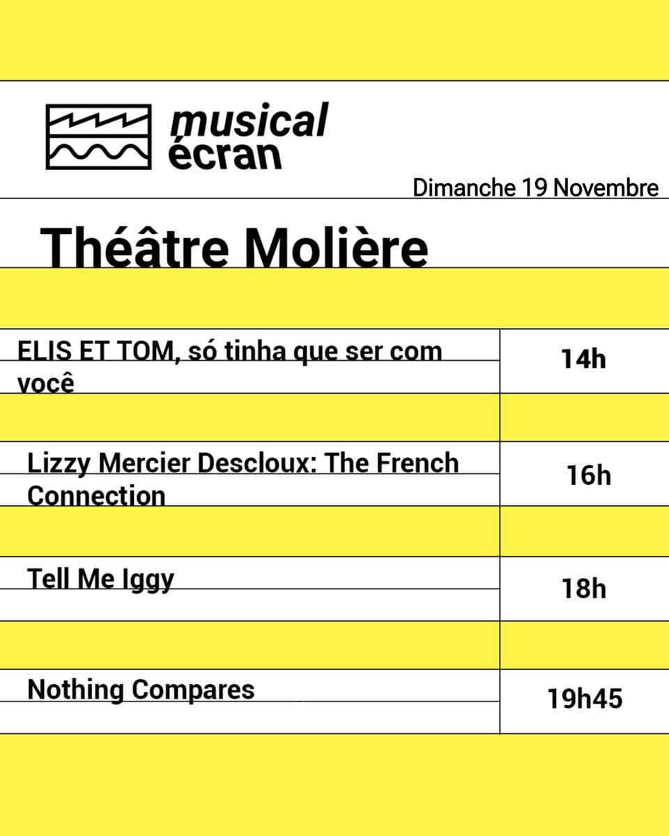 🏆  9.11 - LE TEMPS DES LAURIERS
🇧🇷 14H : ELIS & TOM, SÓ TINHA QUE SER COM VOCÊ
 📿 16H : LIZZY MERCIER DESCLOUX : THE FRENCH CONNECTION
🦎 18h00, Théâtre Molière : TELL ME IGGY
🇮🇪 19h45, Théâtre Molière : NOTHING COMPARES TO YOU : SINEAD O'CONNOR
#MusicalEcran #BordeauxRock