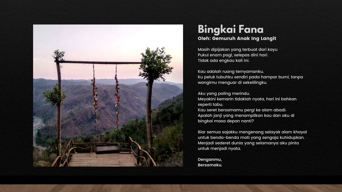 ORBSGALLERY's tweet photo. ㅤㅤ

BINGKAI FANA
Oleh: Gemuruh Anak Ing Langit

Masih dipijakkan yang terbuat dari kayu
Pukul enam pagi, selepas dini hari.
Tidak ada engkau kali ini.

Kau adalah ruang ternyamanku.

Foto oleh: Jemima Syahanda
#TBT_THEORBS

ㅤㅤ