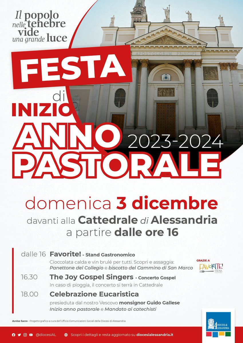 DiocesiAl's tweet photo. 🎉  Festa di inizio Anno pastorale
Domenica 3 dicembre dalle ore 16 , davanti alla Cattedrale di Alessandria

Scopri di più 👉  https://t.co/ybYcJo5QWJ https://t.co/WynT72YF0q
