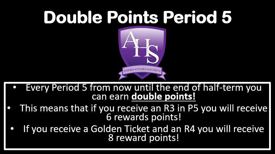 Tomorrow we will be announcing our Double Points Period which will be Period 5 for the remainder of Autumn 2! <a href="/AldersleyHighSc/">AldersleyHighSchool</a> That means you have the potential to earn an R8 in every Period 5! Points will go towards rewards totals and trips at the end of half-term!🌟🤩