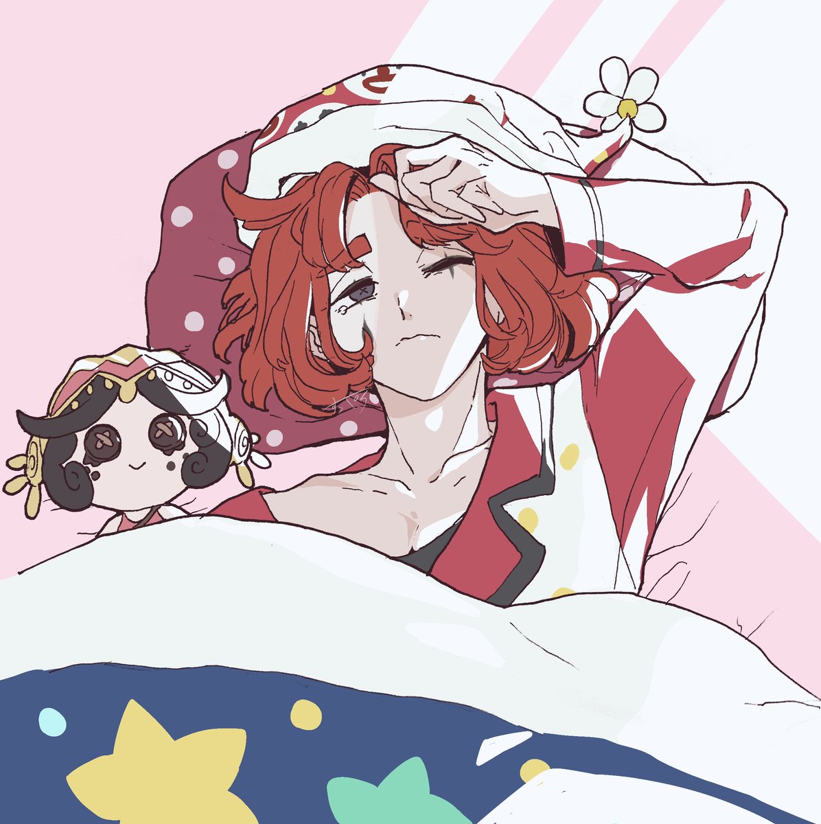 pajamas one eye closed solo red hair waking up under covers long sleeves  illustration images
