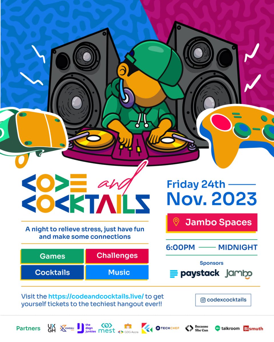 kwekutech's tweet photo. Don't miss the biggest Tech Party @Codeandcoktails happening on 24th November 2023 inside @JamboSpaces. For all Tech Enthusiasts 🔥🥳
@ace_rbk  @uxderrick  @UseJunkyard @delppy1_ #DevFestAccra #DevFest2023 #KwekuTech https://t.co/ivV5OCVbOD