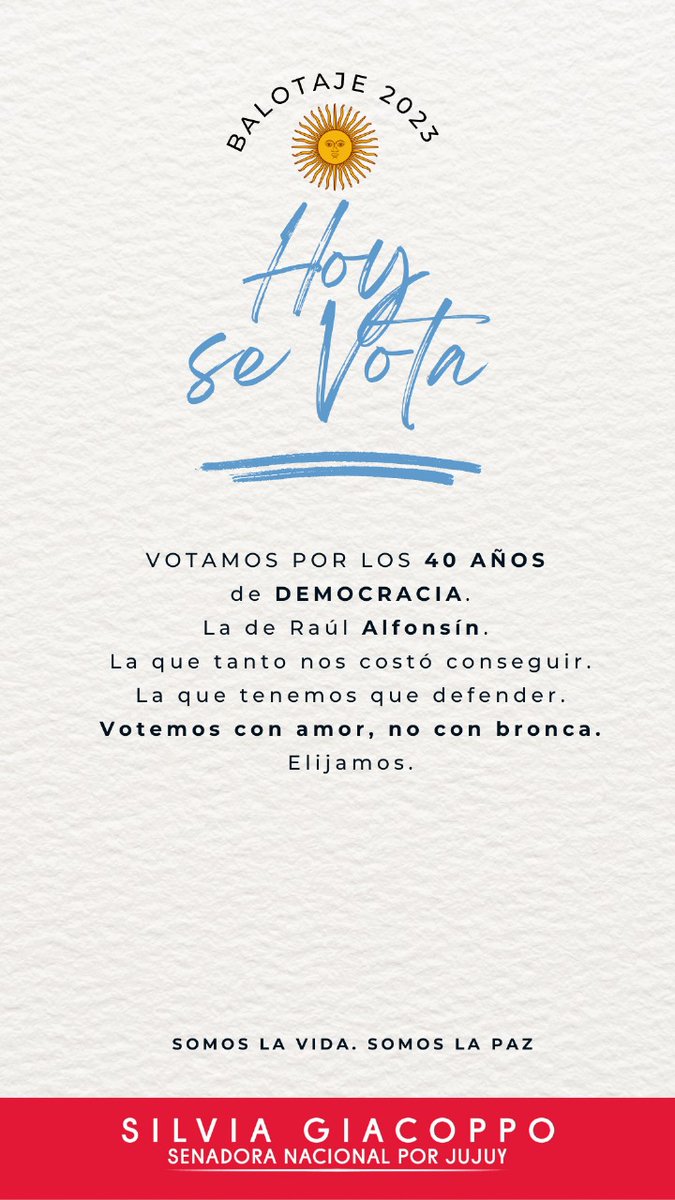 giacopposilvia's tweet photo. 🇦🇷 HOY #Balotaje2023  #Elecciones2023 #Balotaje #ArgentinaVota #EleccionesArgentina2023 #argentinaelige 🇦🇷🗳️ https://t.co/5ocoEQ6LQD