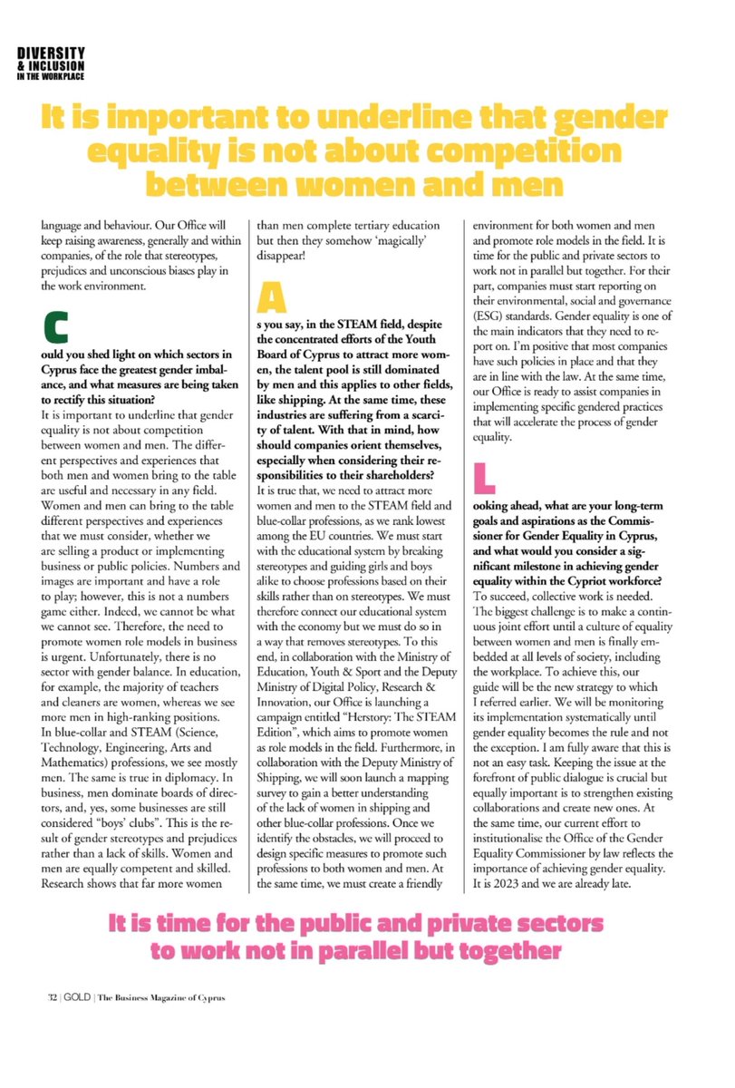 CommissionerGE's tweet photo. βΆοΈ In an interview in November's edition of #goldmagazine @imhbusiness Commissioner for Gender Equality @JosieChristodou underlines that "We must continue working towards removing stereotypes and exploring ways of distributing responsibilities equally in the unpaid care economy. At the same time we need to promote the equal participation of women and men in employment."