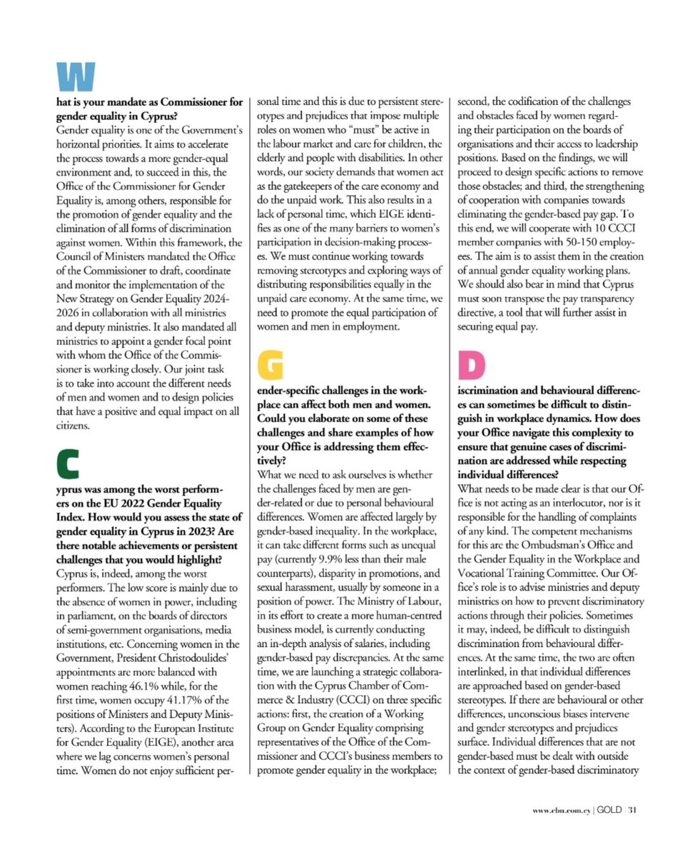 CommissionerGE's tweet photo. βΆοΈ In an interview in November's edition of #goldmagazine @imhbusiness Commissioner for Gender Equality @JosieChristodou underlines that "We must continue working towards removing stereotypes and exploring ways of distributing responsibilities equally in the unpaid care economy. At the same time we need to promote the equal participation of women and men in employment."