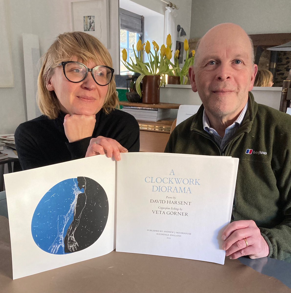 At the bindery is one of the two publications I'm launching next week.

'A Clockwork Diorama' features poetry by <a href="/DavidHarsent1/">David Harsent</a> complemented by copperplate etchings by Veta Gorner.

The text is letterpress printed by John Grice of the Evergreen Press.

More details on my website.