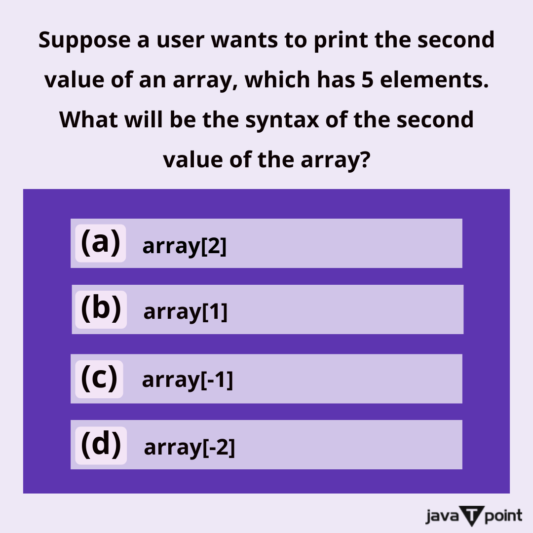 Bhavana83491661's tweet image. Suppose a user wants to print the second value of an array, which has 5 elements. What will be the syntax of the second value of the array?
.
.
.
.
to check your answer
bit.ly/3MEFlQ6
click the above link Q. no 29
.
.
.
.
#aspdotnet #python #adodotnet #java #javatpoint