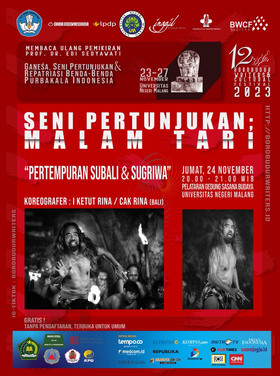 "Seni Pertunjukan: Malam Tari" yang menghadirkan penampilan tari "Pertempuran Subali &amp; Sugriwa" dengan koreografer I Ketut Rina/Cak Rina dari Bali. Dilaksanakan pada Jumat, 24 November 2023 pukul 20.00 - 21.00 bertempat di Gedung Sasana Budaya, Universitas Negeri Malang.
