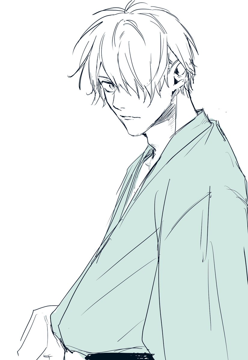 1boy male focus solo japanese clothes hair over one eye kimono white background  illustration images