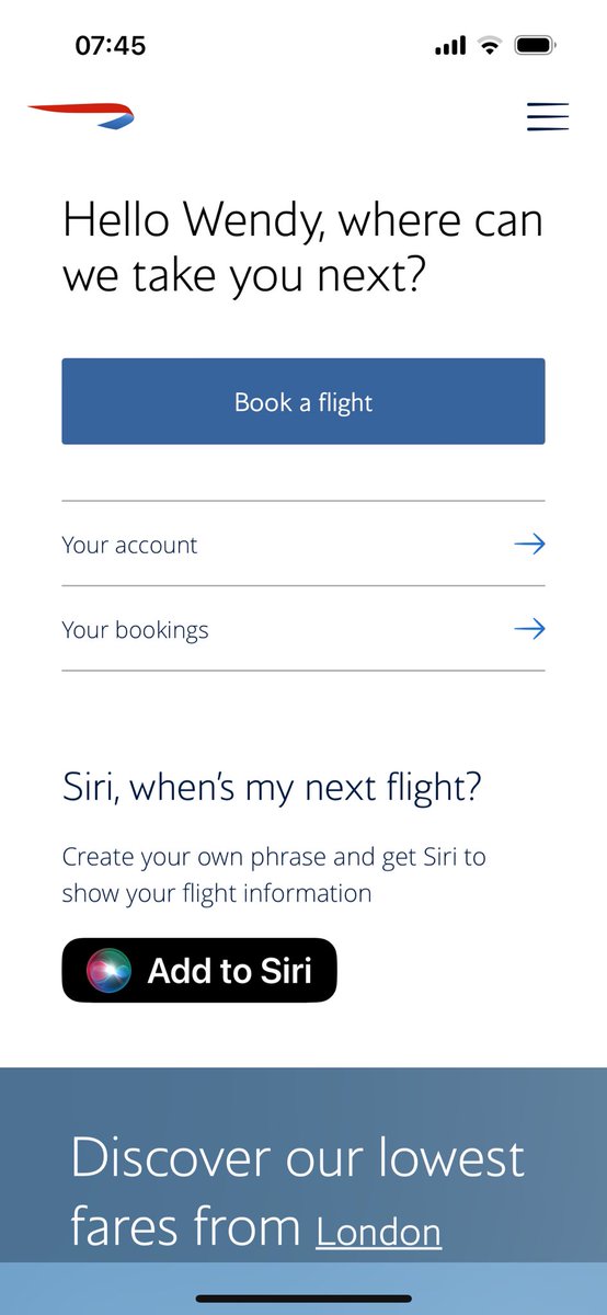 wendypbartlett's tweet photo. This is my home page and I’m completely unable to see next booking or check in other than going on web - I want to check in not book a flight!!! Please get your app to work again - it’s been months https://t.co/waAcOE2kJc