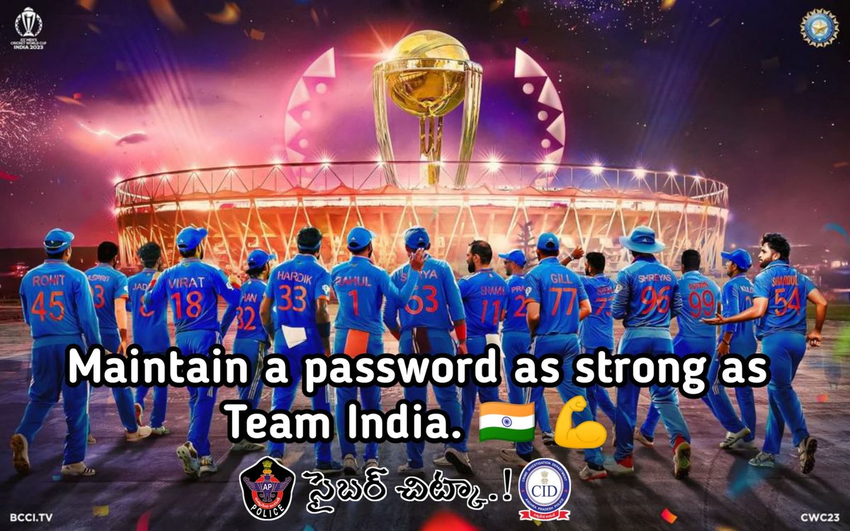 cybercrimecidap's tweet photo. Maintain a password as strong as Team India.
#bounderies #cybercorner #cybersafety #cybersecurity #tips #fraud #preventive #andhrapradesh #cybercrimeps #apcid #wc #cricket #worldcup #indiaaustralia #indaus #Team india #cybercrime #awareness #trending #Instagram #viral https://t.co/JyThee9hyI