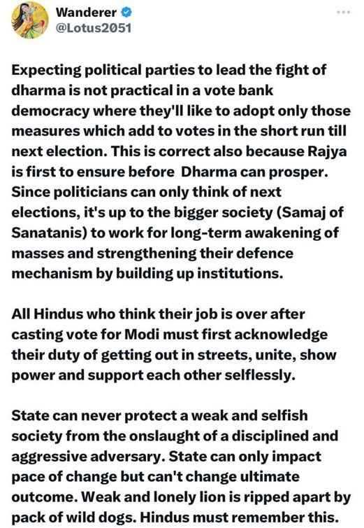 Lotus2051's tweet photo. Whether Vivek or Modi,  India, US or UK if they are competing in a votebank democracy, max we can expect from them is to emphatically claim and display being a Hindu. Rest of the responsibility is of wider Samaj. https://t.co/YA3MIyy3jr