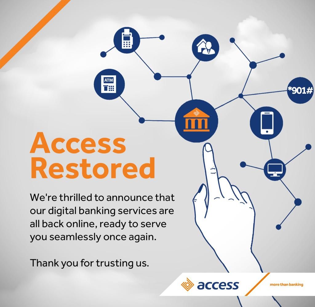 myaccessbank's tweet photo. To our incredible community,

Thank you for your patience during recent service disruption. 

We are thrilled to announce that our digital banking is back online, ready to serve you smoothly once again.

#AccessBank
#MoreThanBanking
#AccessCares https://t.co/aTFErpL0nI