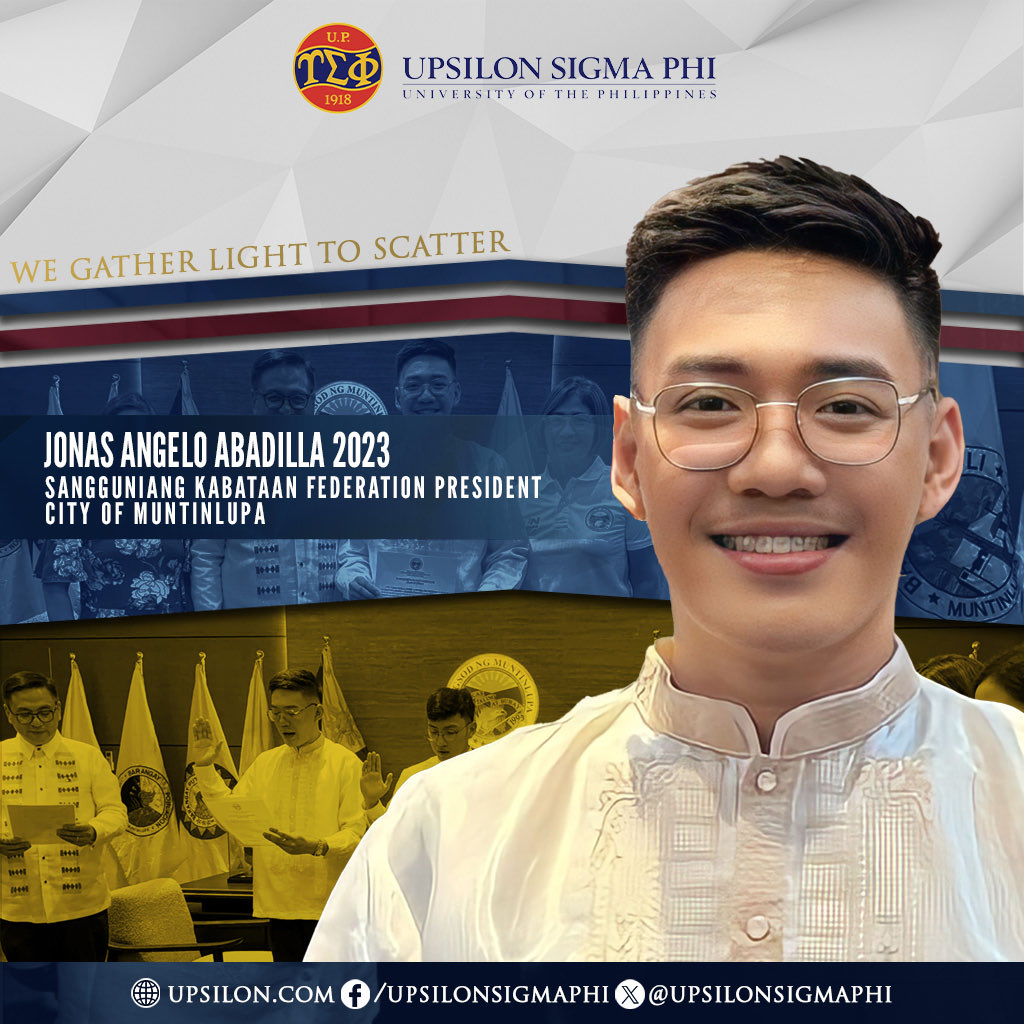 upsilonsigmaphi's tweet image. The Upsilon Sigma Phi proudly congratulates Fellow 𝗝𝗼𝗻𝗮𝘀 𝗔𝗻𝗴𝗲𝗹𝗼 𝗟. 𝗔𝗯𝗮𝗱𝗶𝗹𝗹𝗮 𝟮𝟬𝟮𝟯 for being elected as the Sangguniang Kabataan Federation President for the City of Muntinlupa.

#UpsilonLeads
#ImperativeOfService