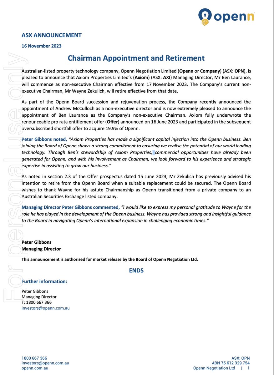 $OPN advises that Ben Laurance, MD of #OPN's cornerstone shareholder $AXI has been appointed as Non-Exec Chair of #Openn 

The board changes were announced at Openn's AGM on 16/11

AGM Results: cutt.ly/8wUWKJcW
Chair announcement: cutt.ly/ZwUWLiI2

#proptech