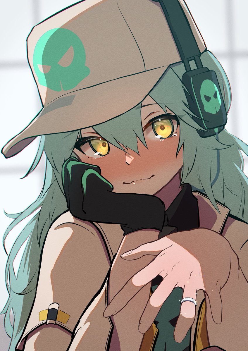 1girl hat gloves jewelry headphones solo ring  illustration images