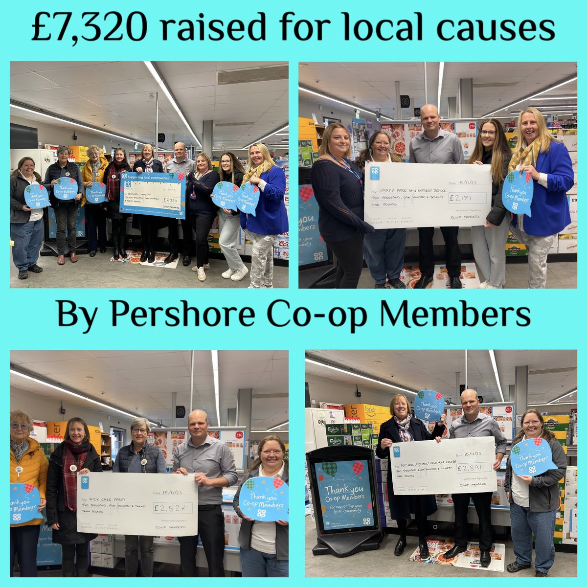 richbrixey's tweet photo. A big thank you to all our members who helped raise an incredible £7,320 for local causes this year by shopping with us at Co-op Pershore 👏👏👏

Pershore volunteer centre - £2,891
Abbey Park First &amp; Middle - £2,171
Wick Care Farm - £2,527
@PershoreVC  @FarmWick  @coopuk https://t.co/CN4LC6qV9z