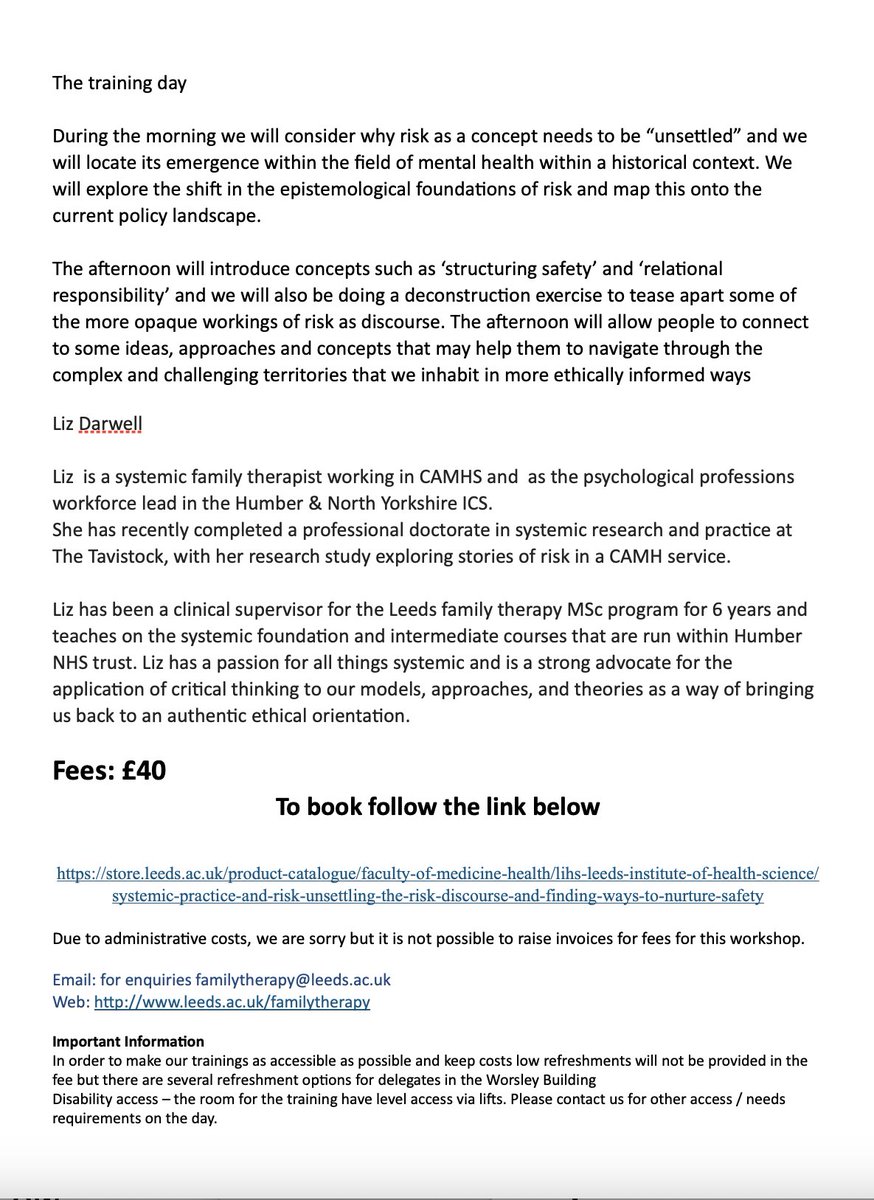 SystemicLeeds's tweet photo. We are very pleased to have Liz Darwell with us on Wednesday 06th December, drawing on her doctoral work for a CPD day on 'Systemic practice and risk: Unsettling the risk discourse and finding ways to nurture safety'. Book now here: https://t.co/W093n1c4ka https://t.co/esAbSkmFwI