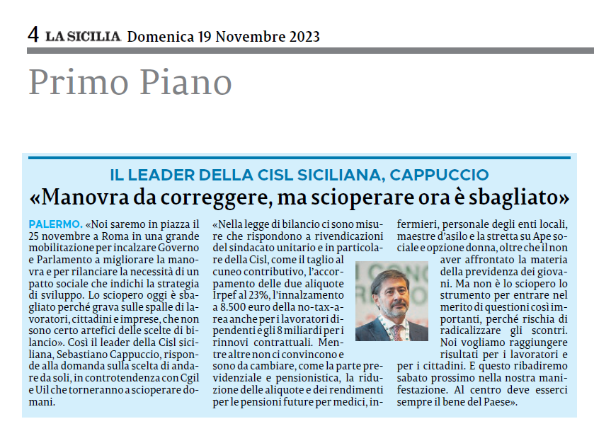 CislSicilia's tweet photo. L'intervista su https://t.co/Vun42TpOTX al Segr gen #CislSicilia #SebCappuccio“Noi saremo in piazza il #25novembre a #Roma in una grande mobilitazione nazionale per incalzare Governo e Parlamento a migliorare la manovra economica e per rilanciare necessità di un patto sociale" ⬇ https://t.co/yGY0Whr207