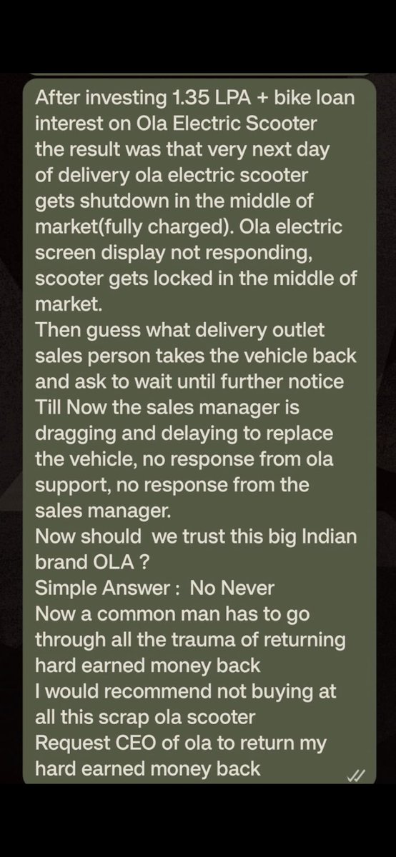 NoodyPatel's tweet photo. Never Buy @OlaElectric Scooter…
Return my hard earned money @bhash and take your scrap scooter back.

After investing 1.50 LPA on @OlaElectric the result was that very next day of delivery ola electric scooter gets shutdown in the middle of market(fully charged) #olascam #ola https://t.co/u0fRC6d6Fq