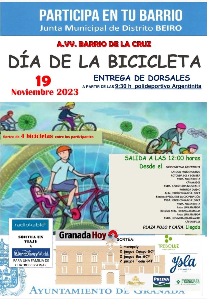 ¡Buenos días #Granada!
Iniciamos hoy esta jornada dominical dedicada al deporte donde a las 10:00 tendremos la carrera solidaria de la @CruzRojaGranada y a las 12:00 el día de la bicicleta en el @Cruz_BarrioLa
#FelizDomingo
