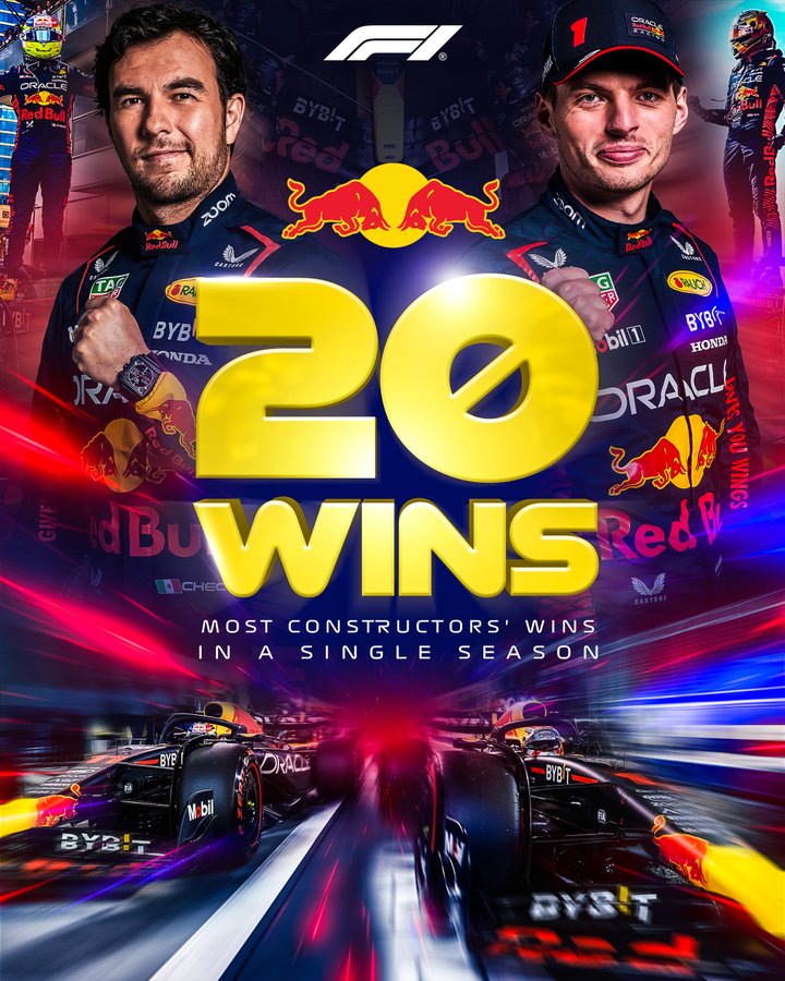 A graphic celebrating Red Bull achieving 20 wins and breaking the record in Formula 1 for the most constructors' wins in a single season 