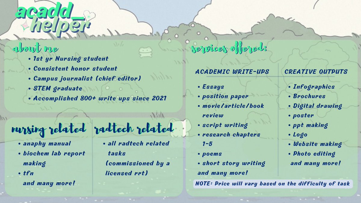 acadd_helper's tweet photo. Welcome to acadd_helper࿐ ˊˎ-

-I’m Jy, a nursing student willing to help you with your academic tasks 
(est. 2021)

“You can only become truly accomplished at something you love.”
 – Maya Angelou

🦦proof &amp; feedbacks : #acadd_helper 
🦦dm to inquire 

#commisionsopen #commission https://t.co/PSsnp3wPeE