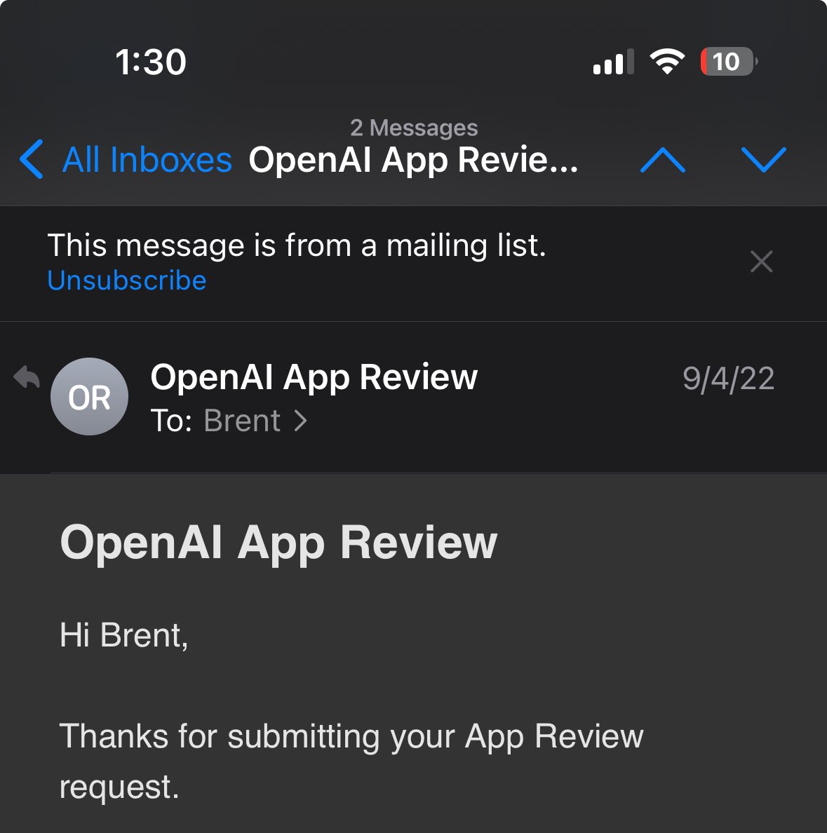 brentxdev's tweet photo. Remember when you needed to go through an app review for OpenAI😭 Absolutely insane how far they’ve come since last year

Love you @sama https://t.co/w2gjkDF7rI