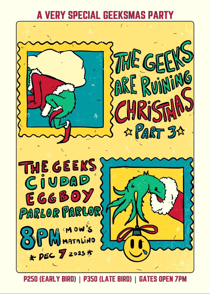 Alternatrip PH (@alternatripph) on Twitter photo Geeksmas Party 3 happening on Dec. 7 at <a href="/Mows_Bar/">Mow's</a> !! Long sets with <a href="/thegeeksph/">the geeks</a> <a href="/diegomapa/">Diego Mapa</a> <a href="/ciudadph/">Ciudad Band</a> <a href="/ParlorParlor/">Parlor Parlor</a> (holiday the next day!!) Geeksmas Party 3 happening on Dec. 7 at <a href="/Mows_Bar/">Mow's</a> !! Long sets with <a href="/thegeeksph/">the geeks</a> <a href="/diegomapa/">Diego Mapa</a> <a href="/ciudadph/">Ciudad Band</a> <a href="/ParlorParlor/">Parlor Parlor</a> (holiday the next day!!)