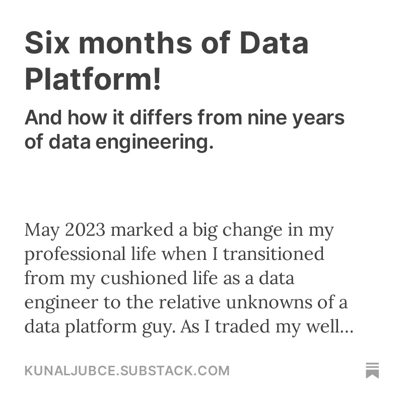 kunaljubce's tweet photo. Hello X fam - My blog post summarising my new journey as a data platform engg. and how it differs from a data engg. is now out on Substack. 

Read/Share/Comment/Subscribe to help spread the word - https://t.co/OH19jxlFAb https://t.co/N9j8lZ7aOe