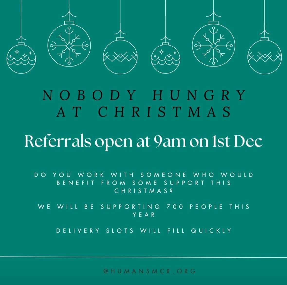 🎄 Nobody Hungry at Christmas: Referral Form Launching 1st December 🎄

We will be supporting over 700 people this year.

#Manchester #Rochdale #Salford #Bury #Stockport #Trafford