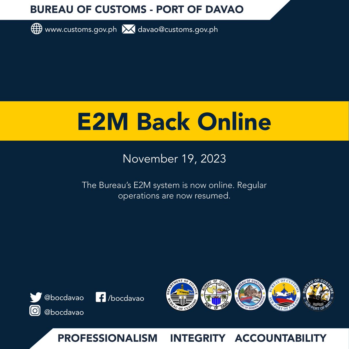 bocdavao's tweet photo. 𝗔𝗗𝗩𝗜𝗦𝗢𝗥𝗬: ‼️E2M Back Online‼️

The Bureau’s E2M system is now online. Regular operations will now resume. https://t.co/awuw5TootM