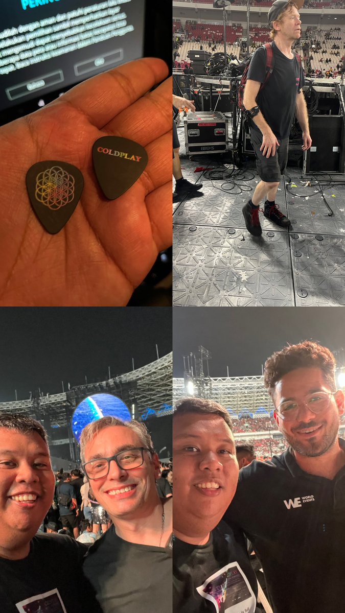 agianggadarma's tweet photo. #MOTSWTJKT Thank you for Finally coming to Jakarta @coldplay π€
Got chrisβs guitar pick from the one and only Hoppy! Met and chat with the wonderful Alex Hadji, and also met George! #ColdplayJkt https://t.co/wCWW2vtU8c