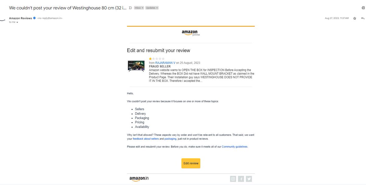 veaaraar's tweet image. #FRAUD_Television_WESTINGHOUSE #FRAUD_Amazon @amazonIN @amazon @westinghouse  NO WALL MOUNT BRACKET in the Pack although Promised in the Product Page. A Totally UNETHICAL FRAUD COMPANY. Amazon supported it by Rejecting my Product Review. AVOID AMAZON TOO