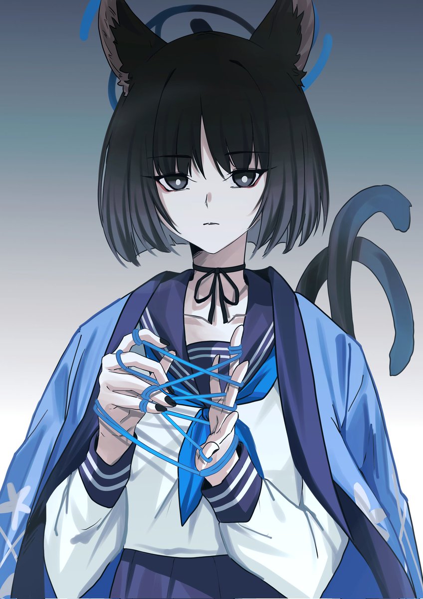 kikyou (blue archive) 1girl animal ears solo tail black hair cat ears cat tail  illustration images