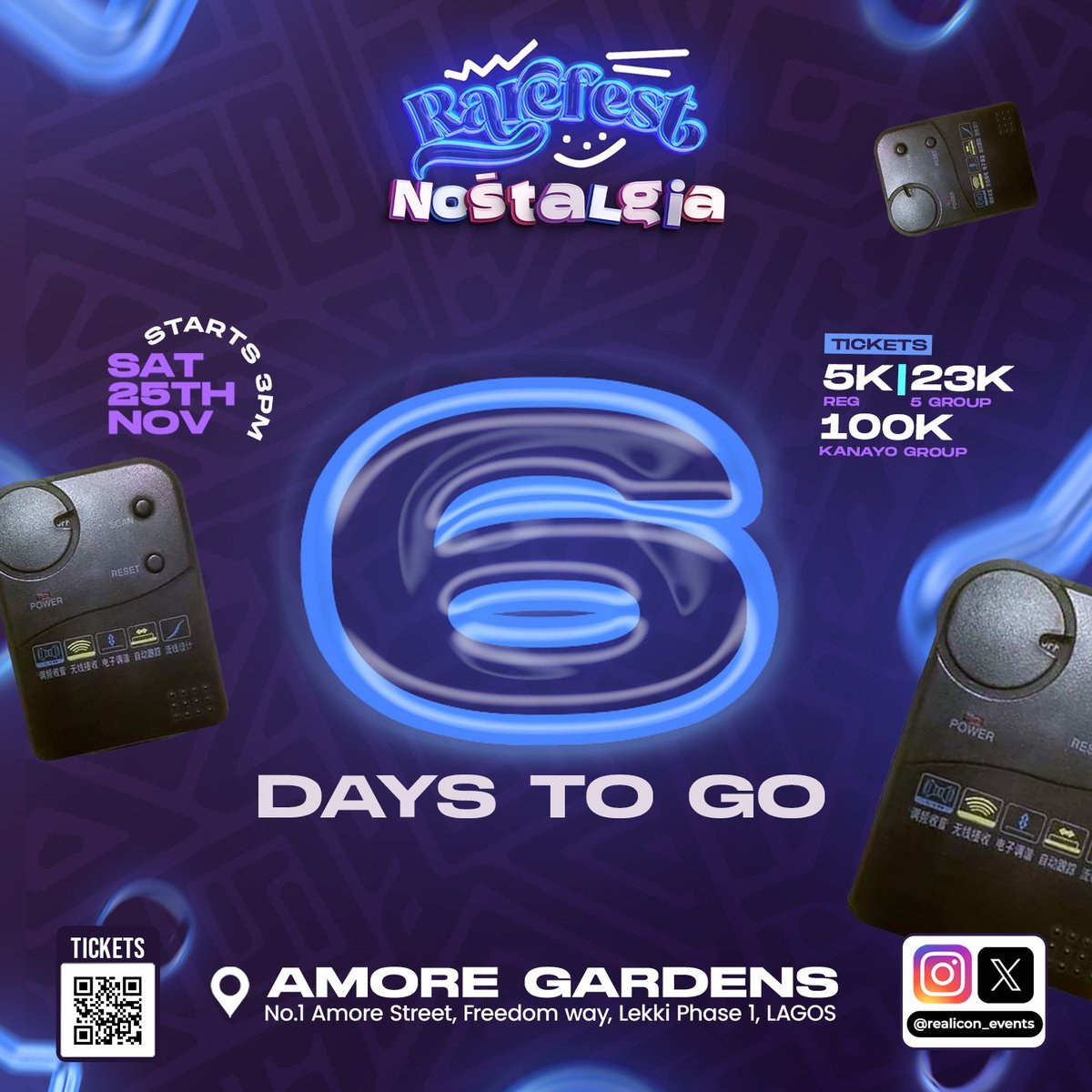 RealiconEvents's tweet photo. 6 days to Go!
Have you gotten your tickets yet?
DARE TO BE RARE!
Get your early birds tickets from https://t.co/47q1E3Phi0
#rarefest #nostalgia #rarefestinlagos #lagosevents #amoregardens #eventsinlagos https://t.co/qUvWRikNh7