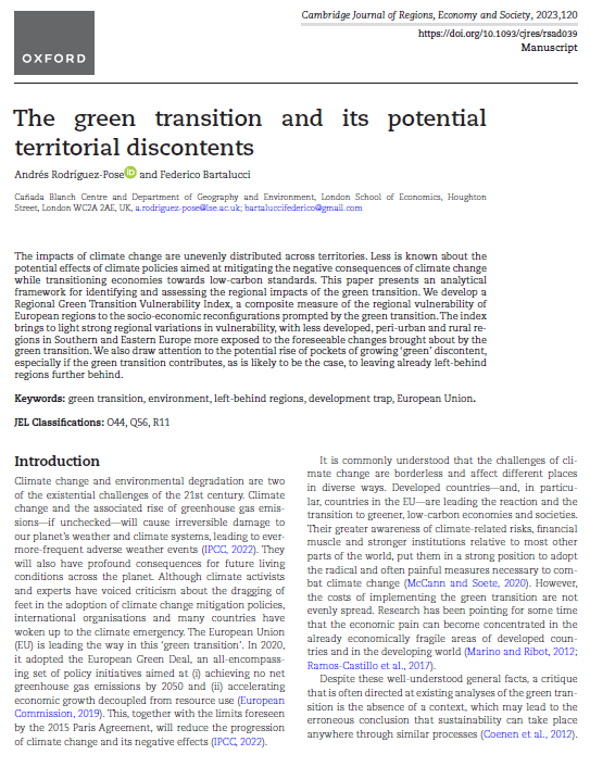rodriguez_pose's tweet photo. "The #GreenTransition and it potential territorial discontents," with @f_bartalucci, just out in the @CamJRES.
 https://t.co/zZ4gurOAn6
Or how the uneven distribution of the benefits and costs of the #European #Green Deal might ultimately frustrate its success.
#OpenAccess https://t.co/5I5KNRQxoX