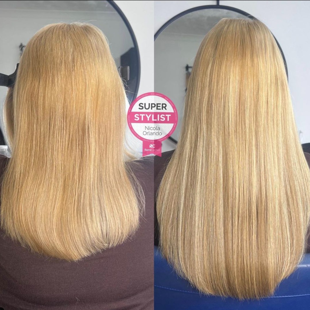 RemiCachet's tweet image. We love this great example of blending from #SuperStylist @professionallocksbynicola

 Nicola applied 75 strands of 16” Ultra and Pro Tips in shade 8, 6/22 and 8/613.

#liftthelid #prebondedhair #hairextensionist #hairextensionspecialist #hairextensionmaster #hairpro