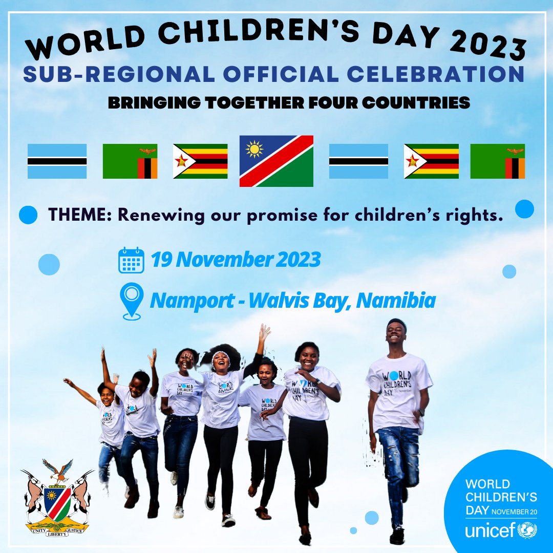 🗣️📢The day has arrived! The sub-regional official celebration, hosted by Namibia 🇳🇦!

The day brings together four countries 🇧🇼 🇳🇦 🇿🇲 🇿🇼

We can't wait to renew our  promise for children's rights!

#ForEveryChild #WorldChildrensDay 💙💙💙