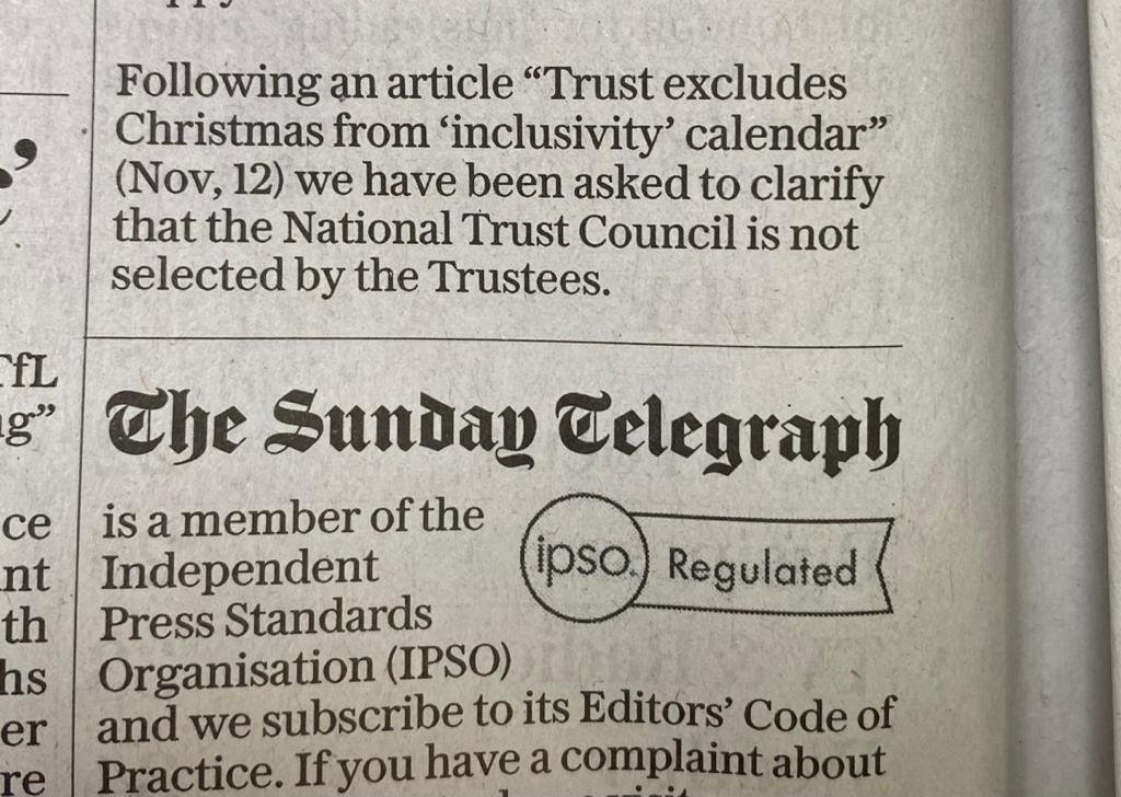 At the National Trust AGM Lord Sumption, a Council candidate backed by Restore Trust, claimed the Trustees select the Council themselves. This was immediately corrected by an NT lawyer - members elect the Council. The Telegraph printed it anyway. Today a tiny, garbled correction.
