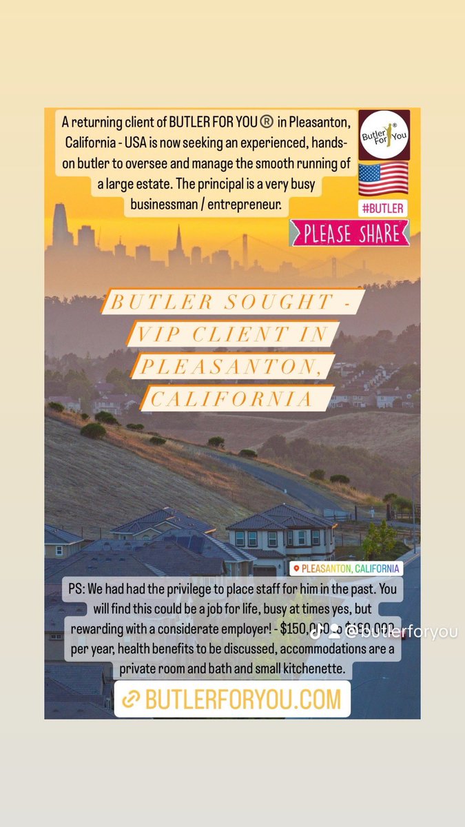 Butler_For_You's tweet image. A returning client of BUTLER FOR YOU®️ in Pleasanton, California USA is now seeking an experienced, hands-on butler to oversee and manage the smooth running of a large estate. The principal is a very busy businessman / entrepreneur - butlerforyou.com/butler-pleasan… #butler #housemanager
